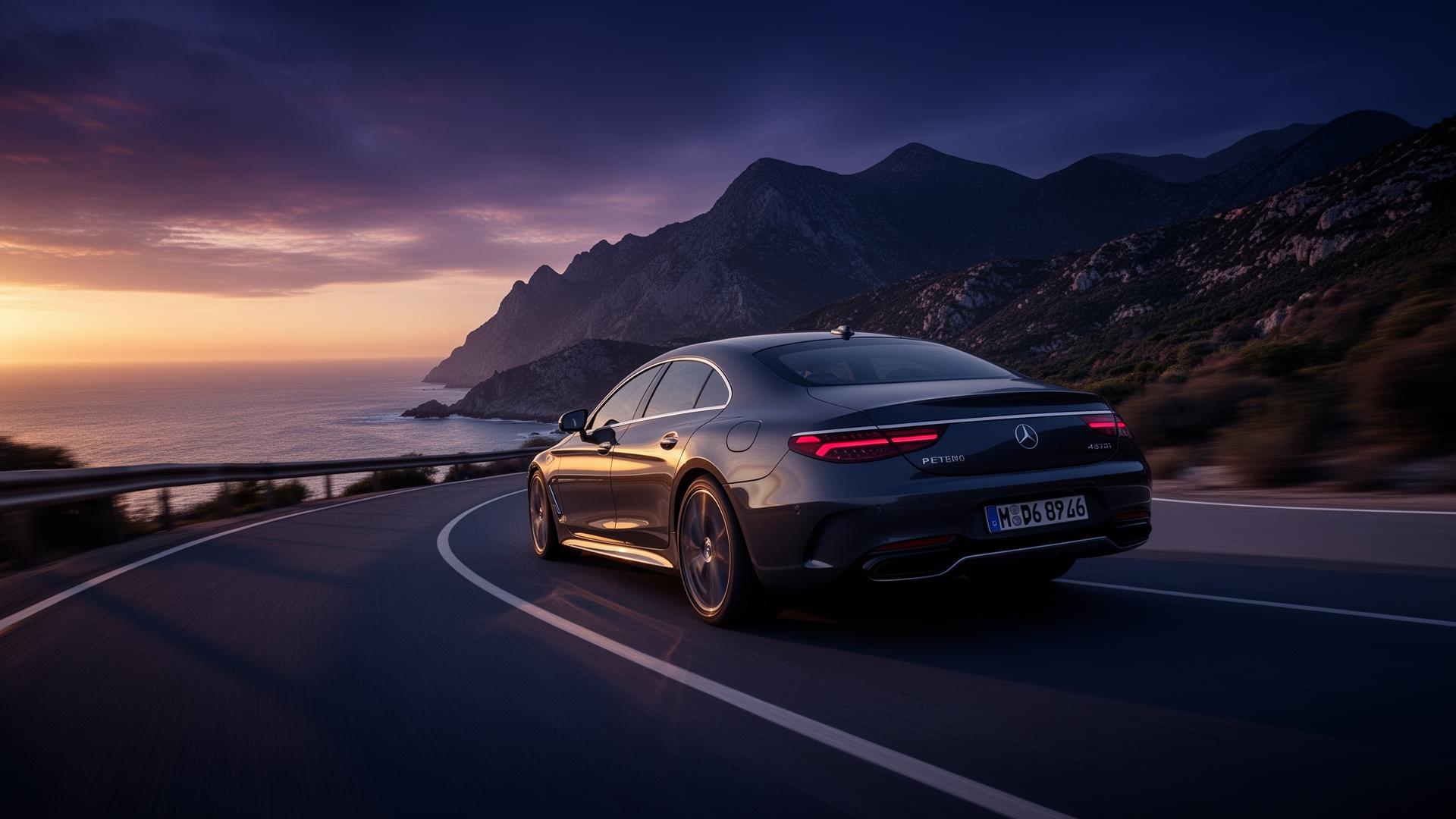 Voiture de luxe sur une route de montagne au coucher du soleil